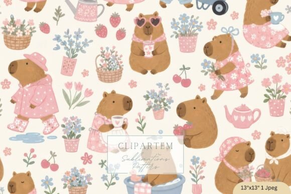 Download Cottagecore Capybara Seamless Pattern - Seamless Collection
